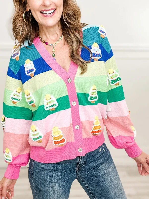 Bargain Prices Queen of Sparkles Rainbow Stripe Knit Christmas Tree Cardigan