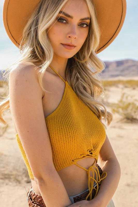 Price Rollback Mustard Yellow Knit Boho Lace Up Halter Bralette