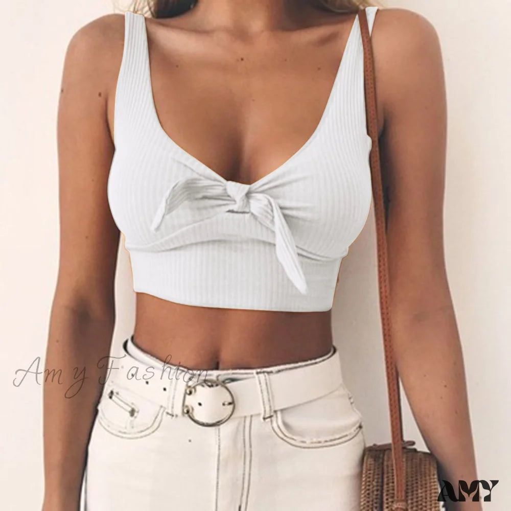 Super Savings Amy Fashion - Sexy Bow Tank Tops For Women Bare Midriff Basic Crop Top