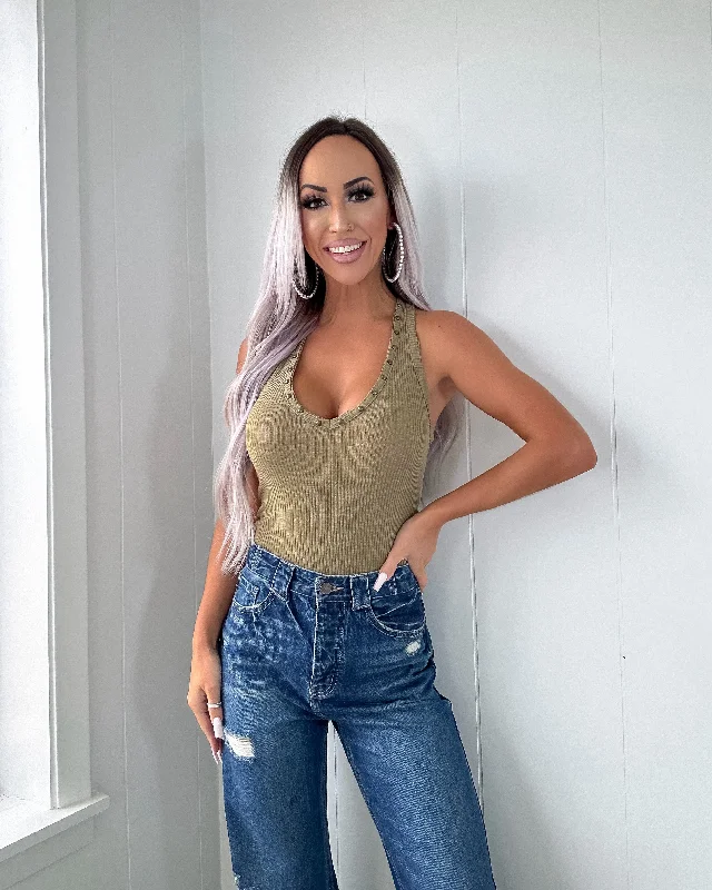 Weekend Deal One & Only Studded Ribbed Bodysuit - Olive