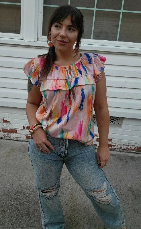 Weekend Discounts to Relish Paint Print Ruffle Top