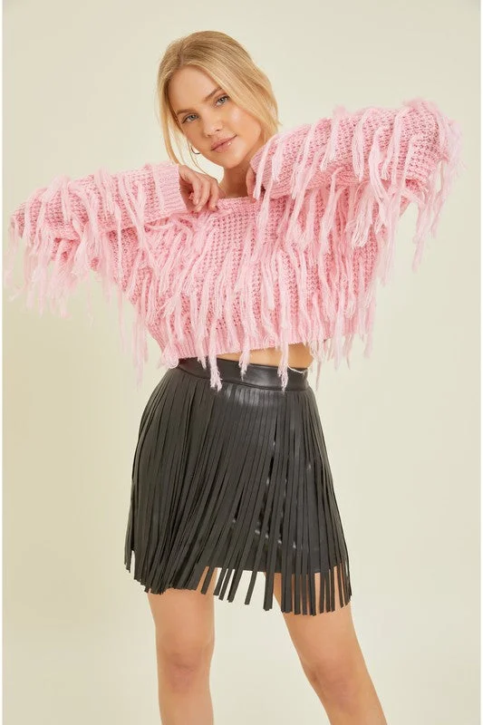 Weekend Deals That Sizzle Fringe Benefits Pink Fringe Cropped Sweater