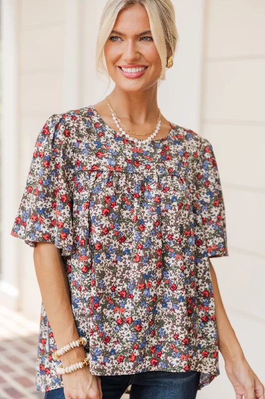 Epic Deals Walking Through Olive Green Ditsy Floral Blouse