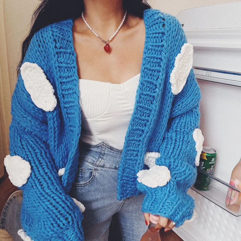 Act Fast Chunky Cloudy Sky Cropped Cardigan (Blue)