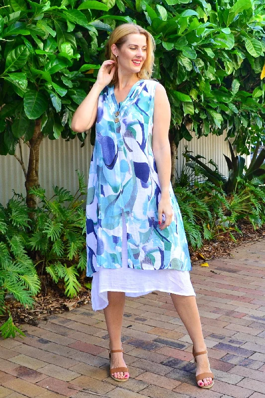 Weekend Savings Extravaganza Abstract Aqua Tones Sleeveless Tunic Dress