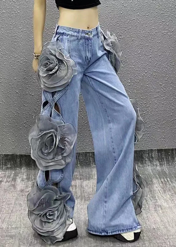 Value Deals Original Design Blue Hollow Out Floral Denim Wide Leg Pants Fall