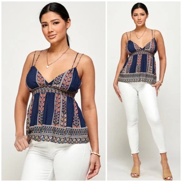 Bargain Blast Navy Bohemian Border Floral Print Smocked Casual Cami Tank Top Women's
