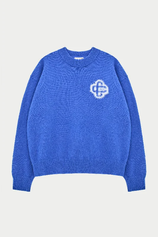 Weekend Bargains to Celebrate FLUFFY EMBLEM KNITTED CREW - COBALT
