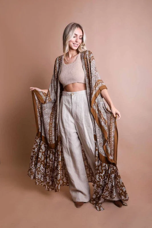 Price Blitz Brown Paisley Tapestry Free Flow Kimono Open Duster Coverup Wrap Top