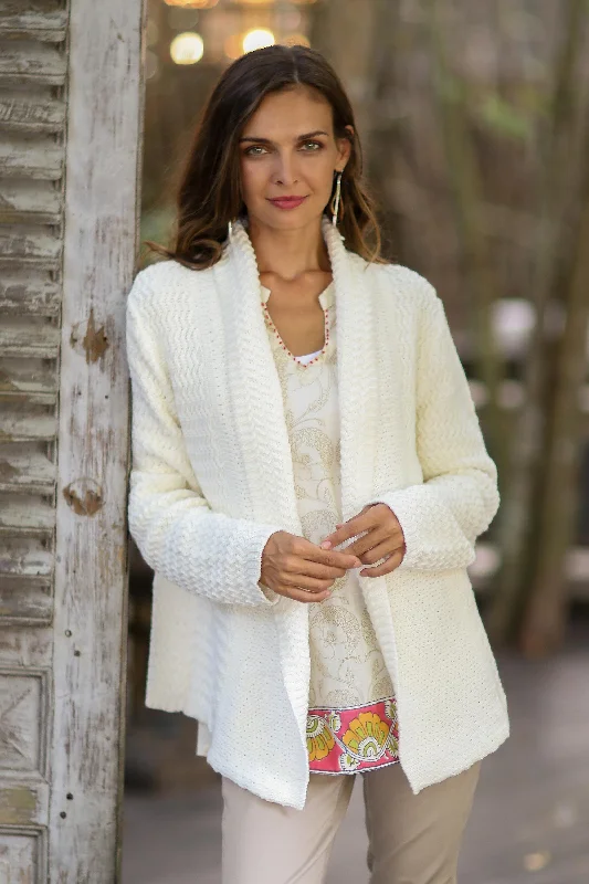 Savings Event Zigzag Knit in Ivory Knit Cotton Cardigan in Ivory from Thailand