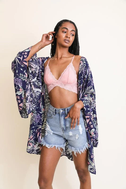 Daily Deals Navy Tropical Leaves Draped Sleeve Kimono Wrap Coverup Open Top