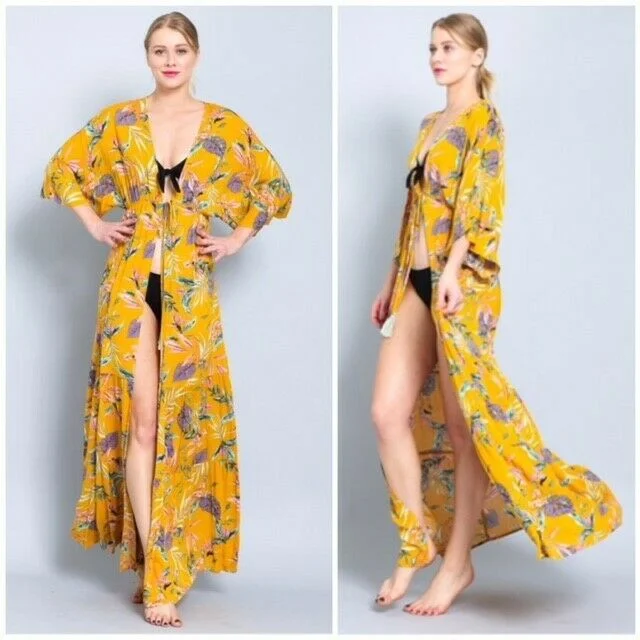 Buy Now Mustard Floral Maxi Long Kimono Crepe Coverup Wrap Cardigan Womens