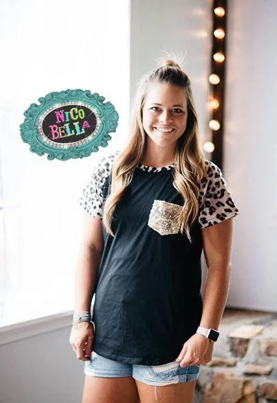 Great Deal Black Leopard Sequin Pocket Tee