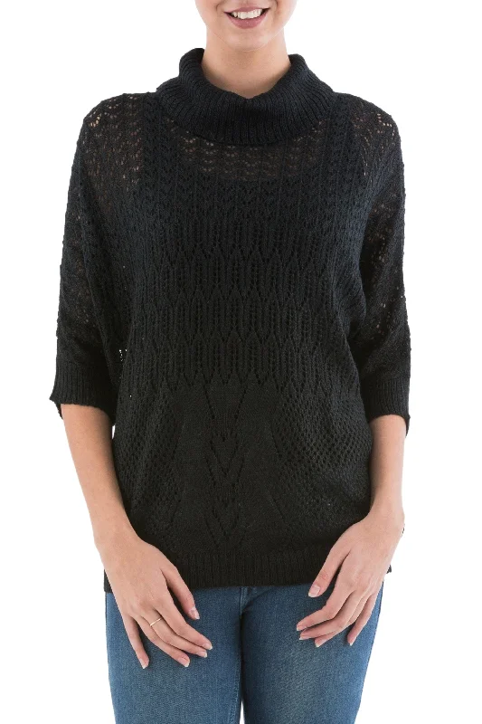 Buy Now Evening Flight in Black Black Pullover Sweater with Three Quarter Length Sleeves