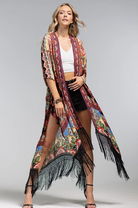 Weekend Offers That Amaze Multi Color Marigold Floral Damask Bohemian Jacquard Tassel Fringe Kimono Wrap