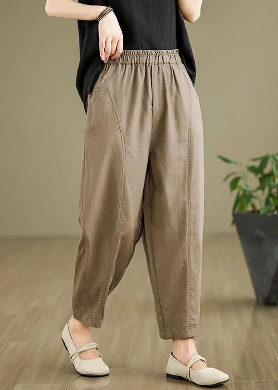 Crazy Savings Women Camel Pockets Elastic Waist Cotton Pants Fall