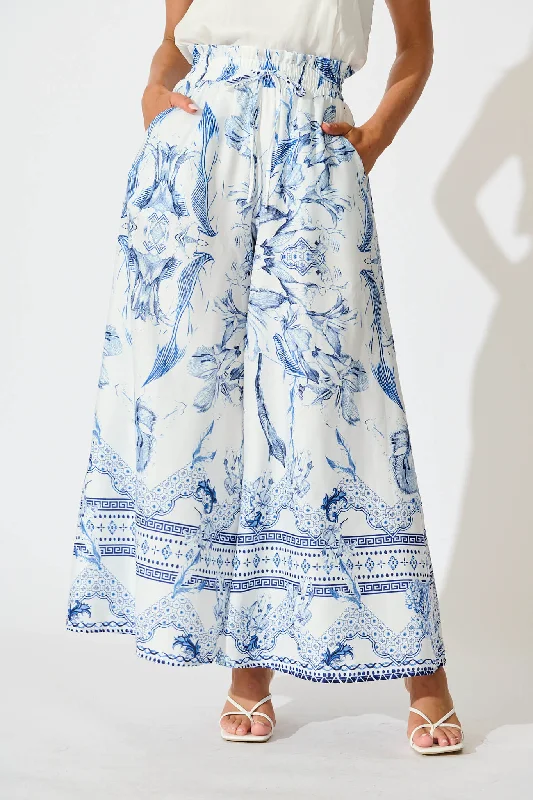 Stock Clearance Mariah Pants in White with Blue Floral Border