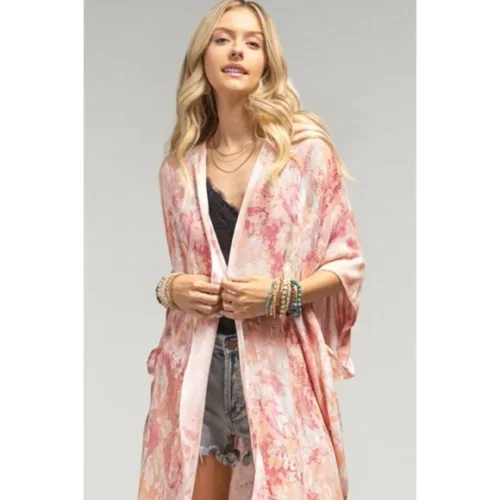 Lowest Price Pasadena Hills Pink Coral Watercolor Kimono Wrap Coverup Casual Layering Top Lowest Price Pasadena Hills Pink Coral Watercolor Kimono Wrap Coverup Casual Layering Top