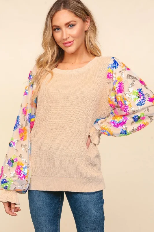 Blowout Deals Haptics Floral Sequins Mesh Flounce Sleeve Sweater