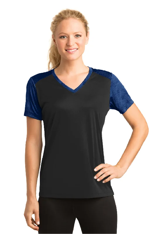 Shop and Save Sport-Tek Womens CamoHex Moisture Wicking Short Sleeve V-Neck T-Shirt - Black/True Royal Blue - Closeout Shop and Save Sport-Tek Womens CamoHex Moisture Wicking Short Sleeve V-Neck T-Shirt - Black/True Royal Blue - Closeout