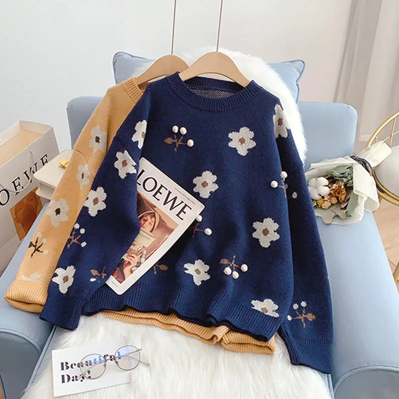 Weekend Deals You Can't Resist Vintage flower sweater round neck jacquard sweater 5207
