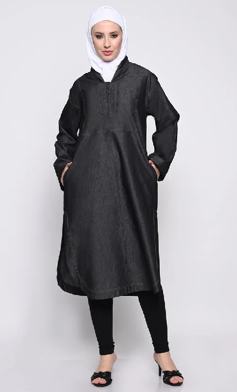 Weekend Deals That Please Contemporary Denim Tunic with V-Neck and Curved Hem