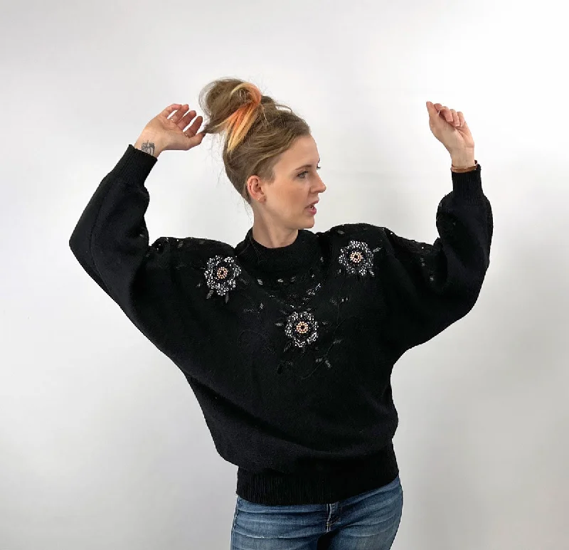 Limited Supply Women's 80s Gem Sweater Cropped 90s Pullover Hong Kong Beaded Sequinned Pearls Mariea Kim VFG