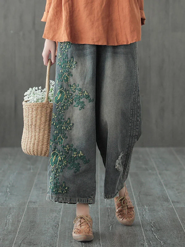 Amazing Deals Original Embroidered Wide-Leg Column Denim Pants