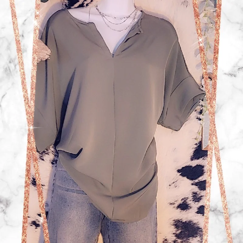 Discount Mania Heavy Woven Span Top with Split Neck, Light Olive