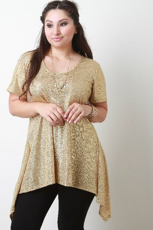 Crazy Deal Crinkle Metallic Foil Short Sleeves Sharkbite Hem Tunic Top