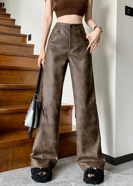 Savings Galore Modern Brown Pockets High Waist Faux Leather Pants Fall