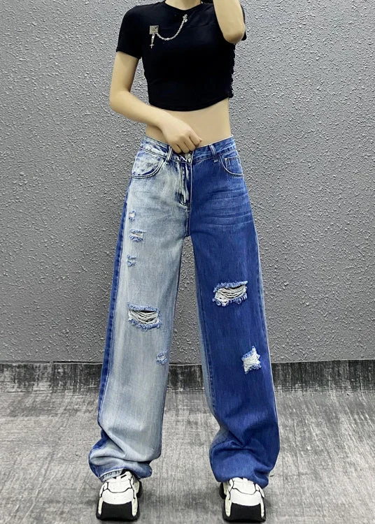 Flash Sale Natural Colorblock Pockets Ripped Denim Straight Pants Fall