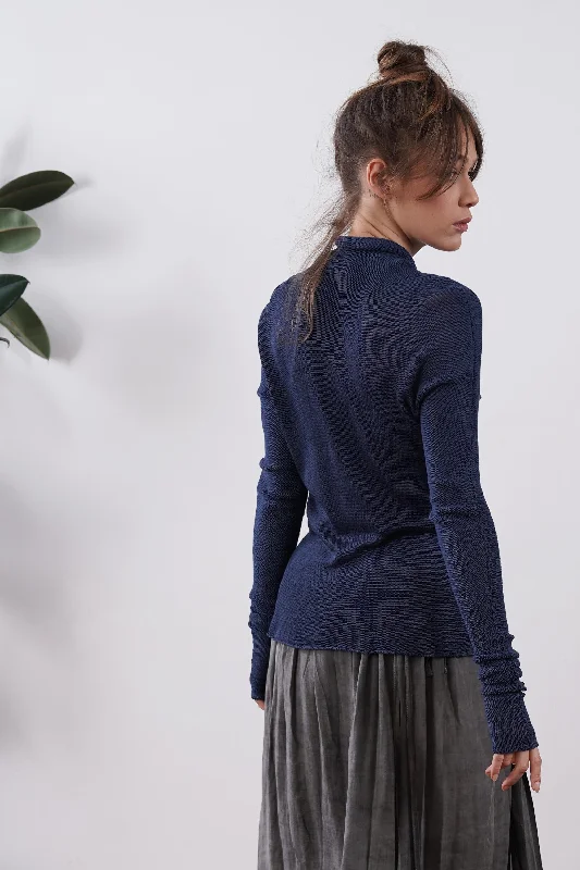 Markdowns Dark Navy Blue Turtleneck Baracka knitted Bamboo shirt with Long Sleeves