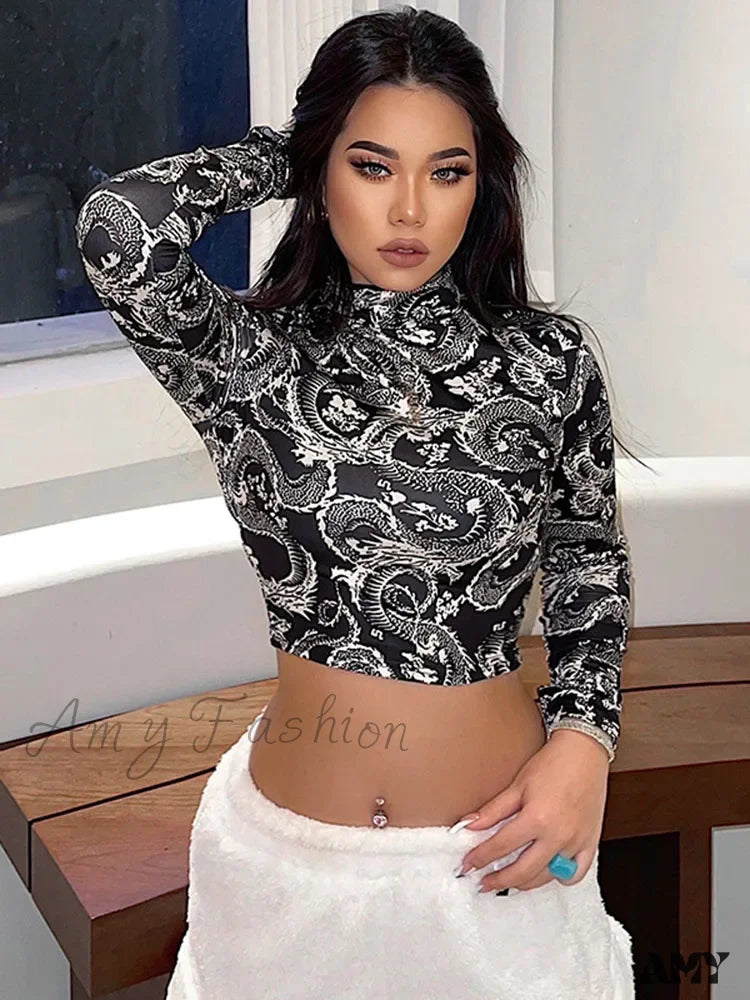 Price Cut AMY - Dragon Printed High Collar Slim T-shirt Crop Top