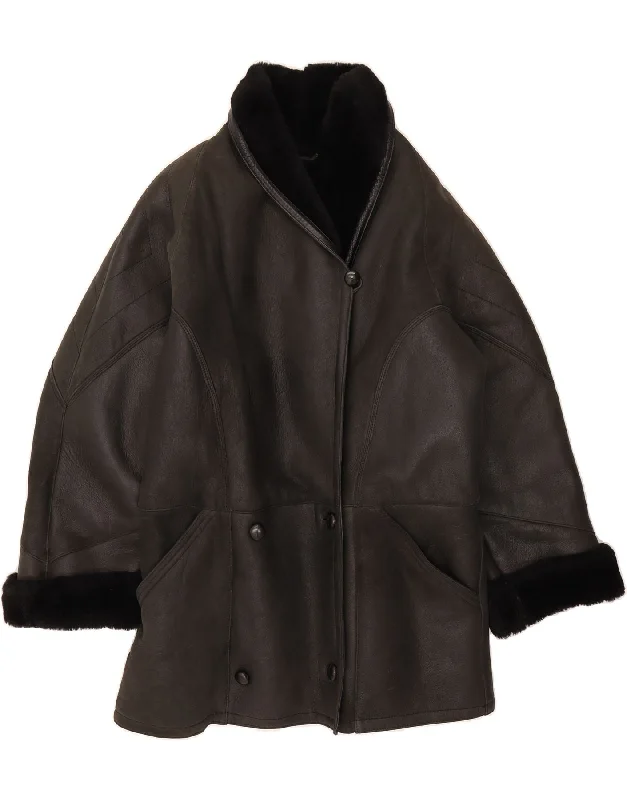 Super Sale VINTAGE Womens Shearling Coat EU 42 Large Black Shearling