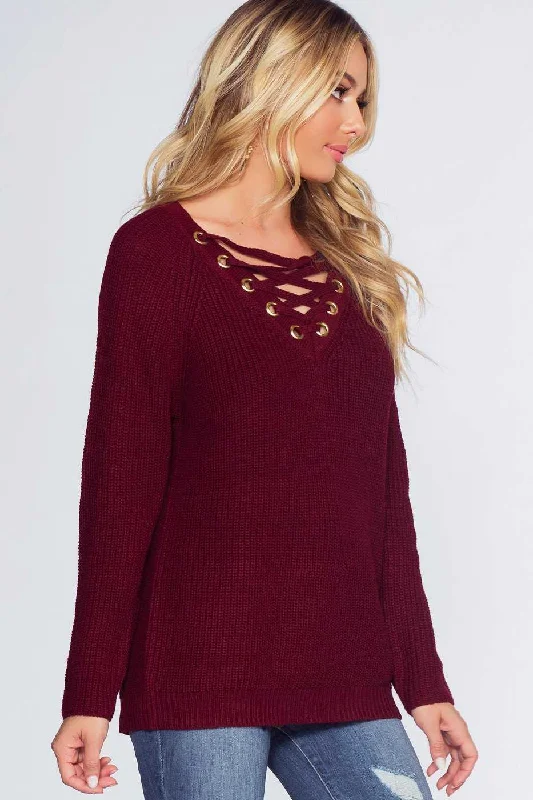 Inventory Reduction Elsa Lace Up Sweater - Burgundy