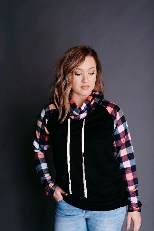 Deal Dash Pink Plaid Cowl Neck Hoodie