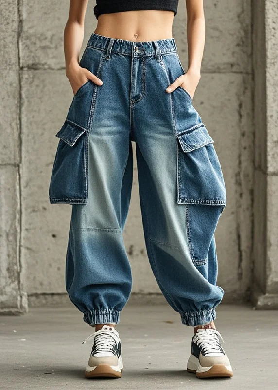 Price Buster French Blue Oversized Pockets Denim Harem Pants Trousers Fall