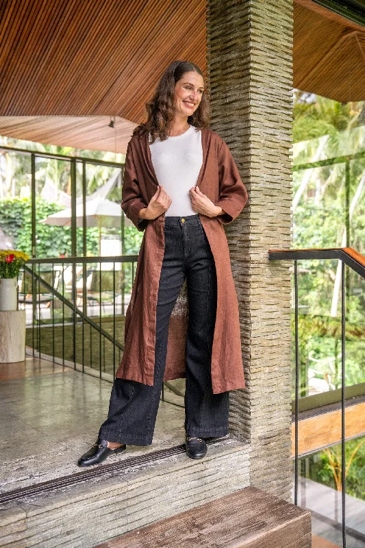 Warehouse Sale Long Line Linen Duster Jacket in Raisin