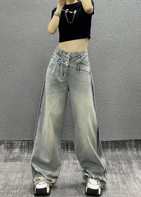 Year-End Sale Italian Blue Pockets Patchwork Denim Wide Leg Pants Fall