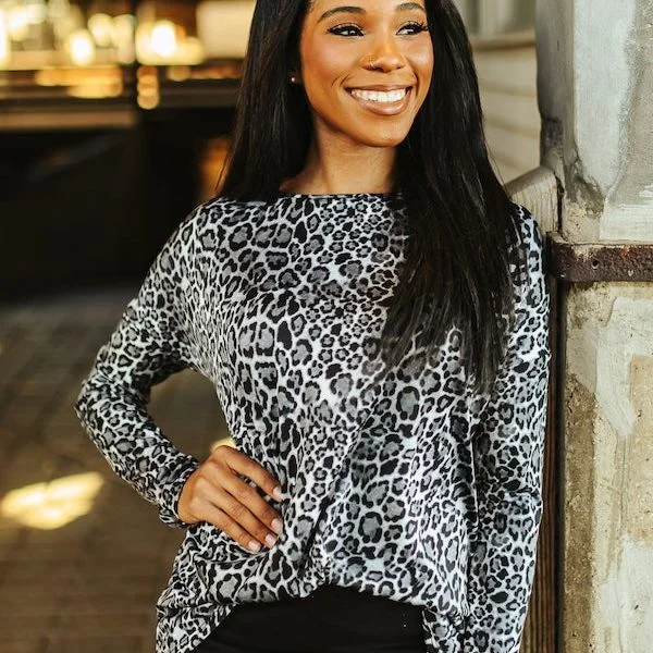 New Arrival Black Leopard Printed Dolman Long Sleeve Top