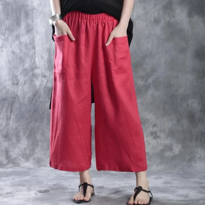 Savings Bonanza Red wide leg pants plus size linen pants elastic waist