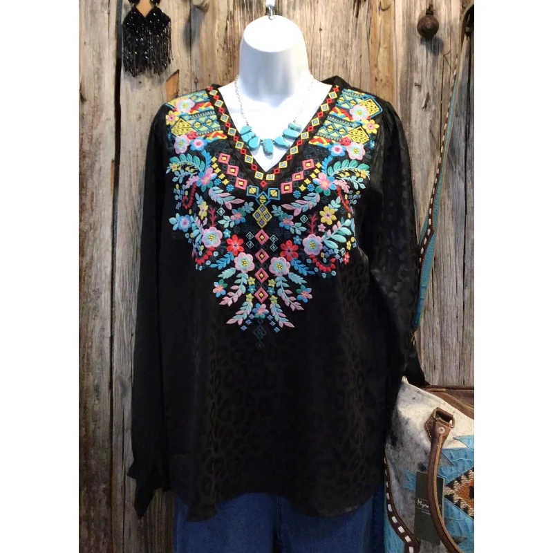Weekend Specials Just for You Embroidered Leopard Satin Blouse, long sleeves, v neck. Goddess