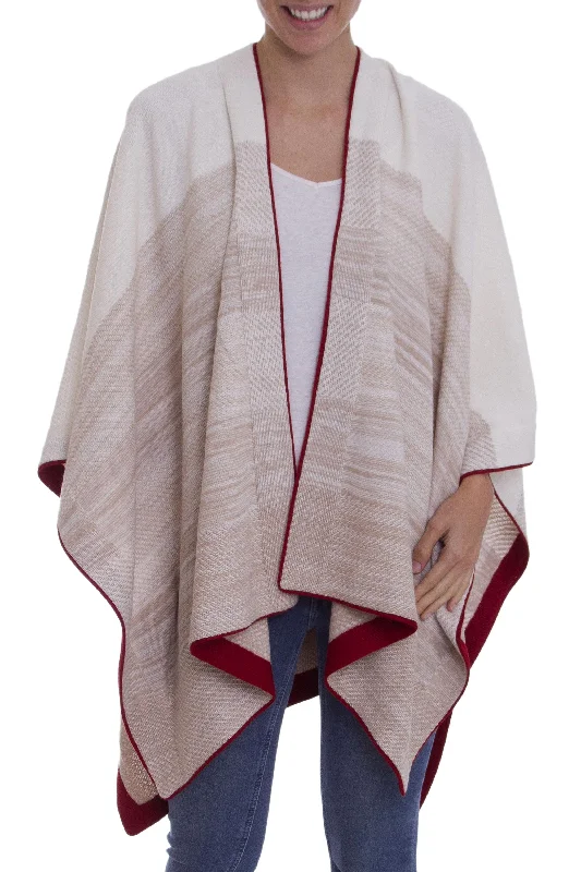 Super Sale Light of the Desert White and Beige 100% Baby Alpaca Knit Ruana with Red Borders Super Sale Light of the Desert White and Beige 100% Baby Alpaca Knit Ruana with Red Borders