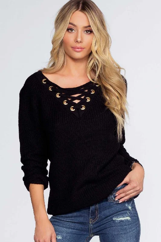Seasonal Clearance Elsa Lace Up Sweater - Black