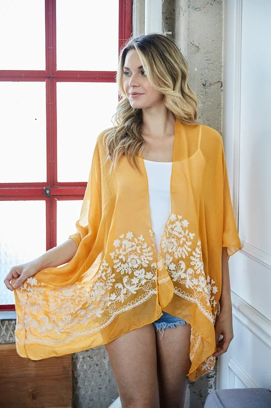 Weekend Discounts to Enjoy Mustard Yellow Floral Embroidered Sheer Kimono Wrap Boho One Size Womens