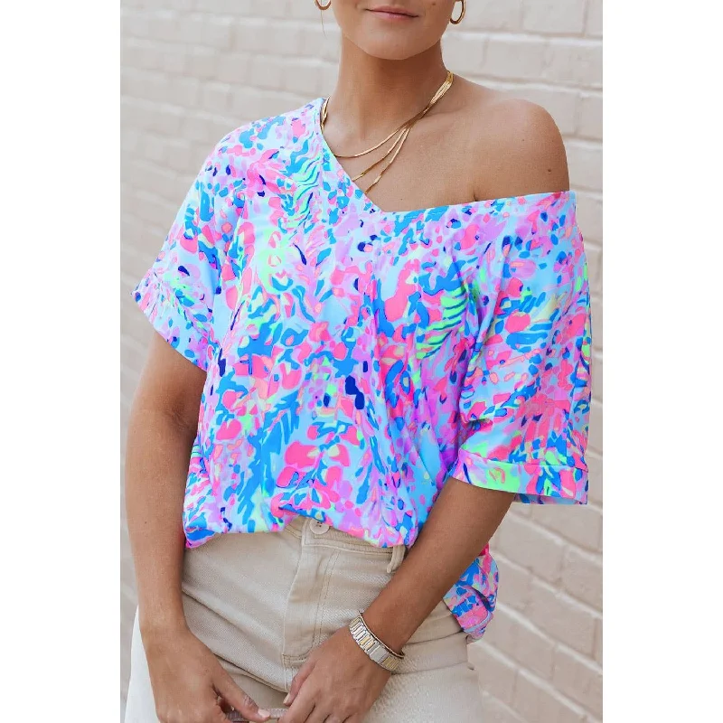 Today Only Abstract Vibrant Floral Top, Sky Blue