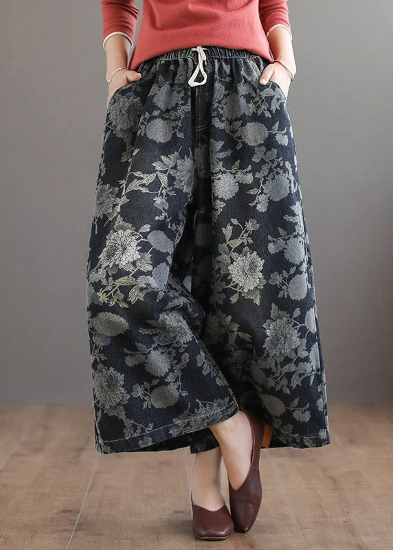 Unmissable Offer Handmade Print Elastic Waist Tie Waist Cotton Wide Leg Pants Summer