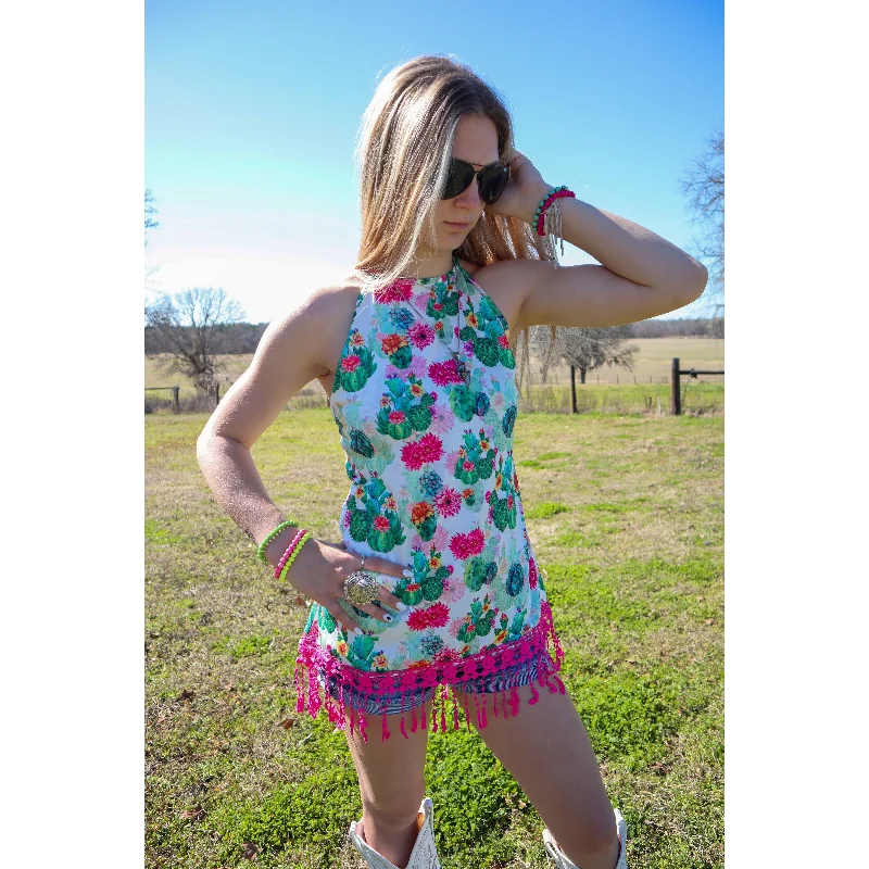 Weekend Specials to Delight Colorado Ranger Crochet Trim Halter Tank -Watercolor Cactus