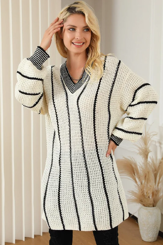 Weekend Offers That Please Striped V-Neck Dropped Shoulder Sweater